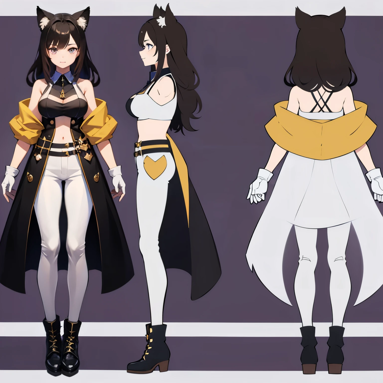 1girl, solo, animal ears, breasts, white background, long hair, brown hair, gloves, full body, simple background, looking at viewer, large breasts, pants, tail, yellow gloves, weibo username, cleavage, braid, shirt, short sleeves, off shoulder, smile, black gloves, open clothes, standing, white coat, id card, coat, animal ear fluff, black pants, black footwear, boots, white shirt, open coat, white jacket, purple eyes, chara-sheet, anime, character chart, reference sheet, rotational symmetry, reference sheet, anime, reference sheet, reference sheet, reference sheet, reference sheet, reference sheet, anime, highres, best quality, high quality, super detail, anatomically correct, masterpiece, textured skin, 1080P, HD, 4K, 8k, 16k, HD, 4K