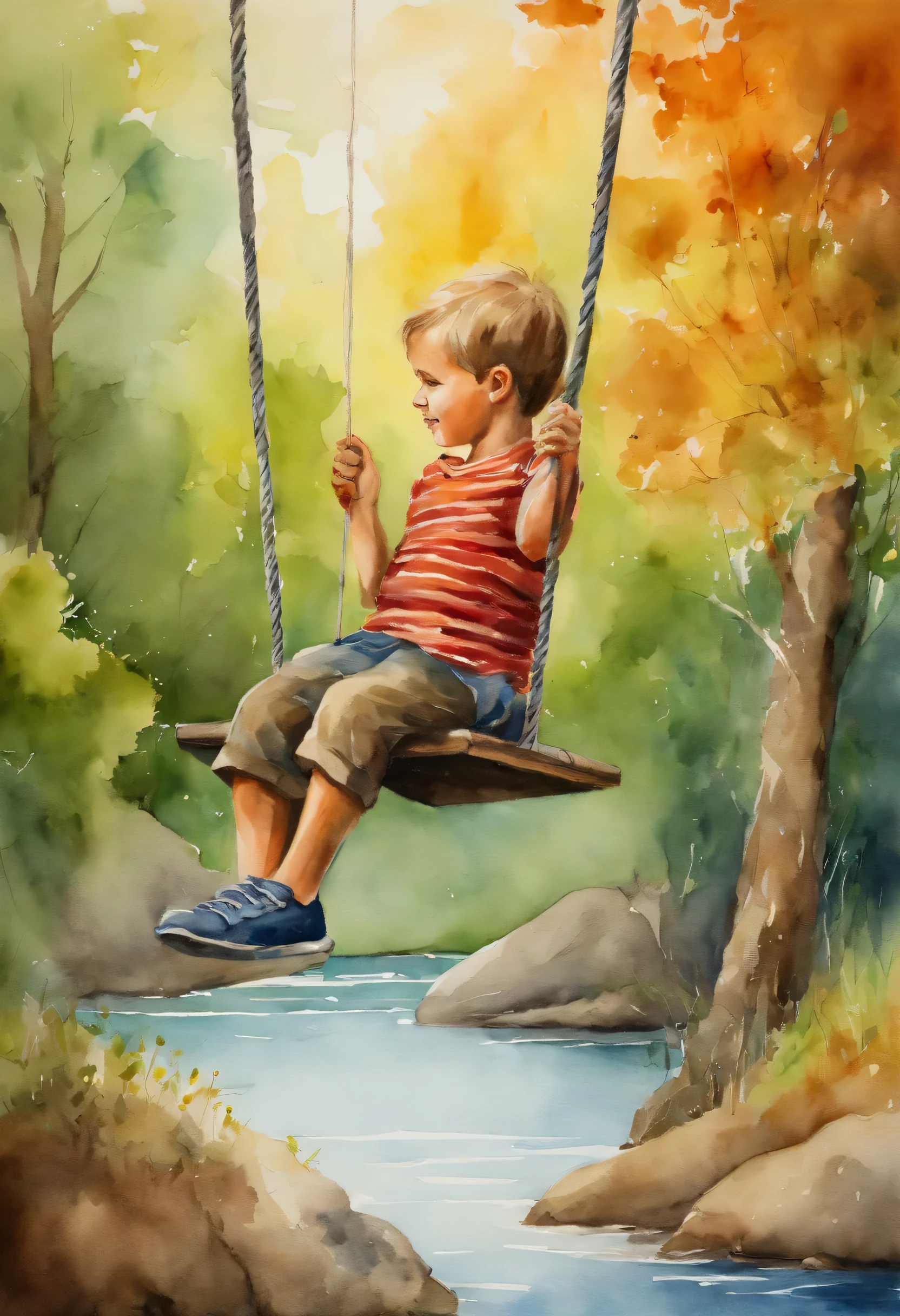 7  boy on a swing over a river