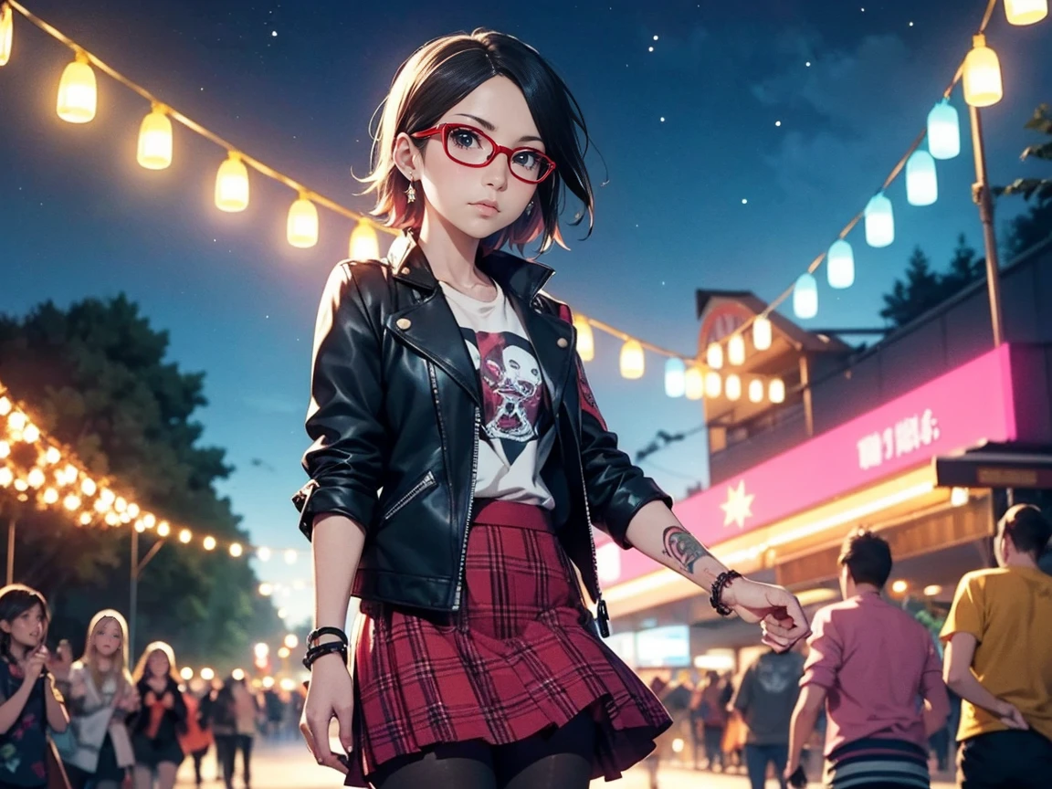 Sarada Uchiha with short hair, black eyes, wearing red glasses, she is wearing earrings and strings. She is dressed like a punk rocker. ( She is wearing a white t-shirt with a rock band print, a plaid skirt and a leather jacket with tattoos, pantyhose ), ( and is riding in a brightly lit amusement park on a starry night ), ((( parading, standing )))