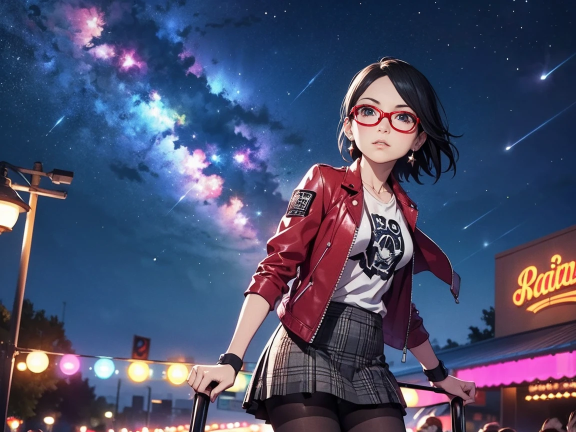 Sarada Uchiha with short hair, black eyes, wearing red glasses, she is wearing earrings and strings. She is dressed like a punk rocker. ( She is wearing a white t-shirt with a rock band print, a plaid skirt and a leather jacket with tattoos, pantyhose ), ( and is riding in a brightly lit amusement park on a starry night ), ((( parading, standing )))