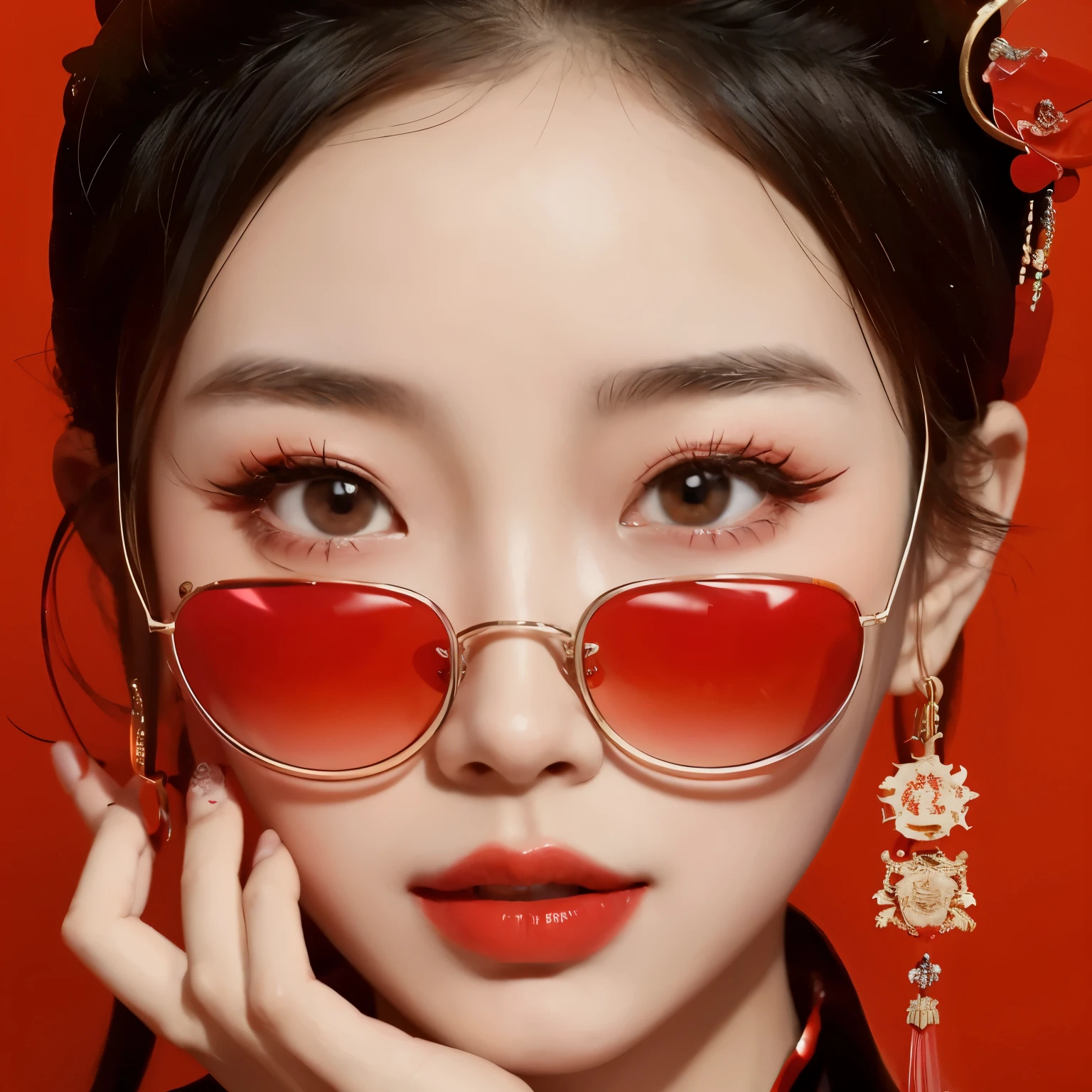there is a woman with red glasses and a red background, artwork in the style of guweiz, guweiz, inspired by Yanjun Cheng, yanjun chengt, realistic. cheng yi, beautiful digital illustration, stunning digital illustration, trending on cgstation, in the art style of bowater, wearing red tainted glasses, guweiz masterpiece