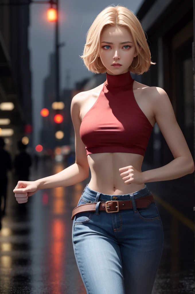 maryms, best quality, (beauty), masterpiece, 1 girl, render based on physics, ultra highres, narrow waist, thin, big eyes, long legs, (small breasts), swollen eyes, night, (rainy city), bright skin, facing the viewer, fighting posture, (close the fist), firm expression,