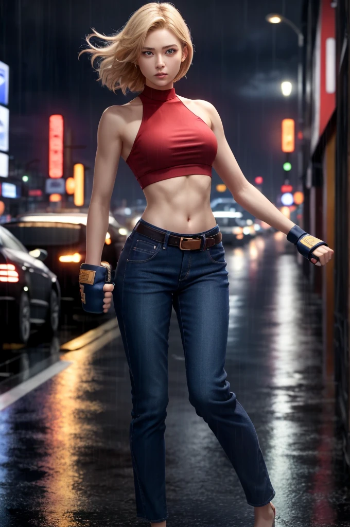 maryms, best quality, (beauty), masterpiece, 1 girl, render based on physics, ultra highres, narrow waist, thin, big eyes, long legs, (small breasts), swollen eyes, night, (rainy city), bright skin, facing the viewer, fighting posture, (close the fist), firm expression,