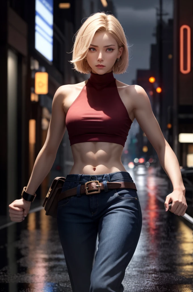 maryms, best quality, (beauty), masterpiece, 1 girl, render based on physics, ultra highres, narrow waist, thin, big eyes, long legs, (small breasts), swollen eyes, night, (rainy city), bright skin, facing the viewer, fighting posture, (close the fist), firm expression,