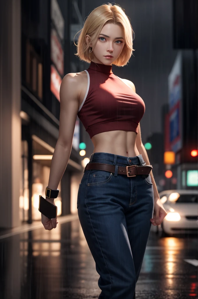 maryms, best quality, (beauty), masterpiece, 1 girl, render based on physics, ultra highres, narrow waist, thin, big eyes, long legs, (small breasts), swollen eyes, night, (rainy city), bright skin, facing the viewer, fighting posture, (close the fist), firm expression,