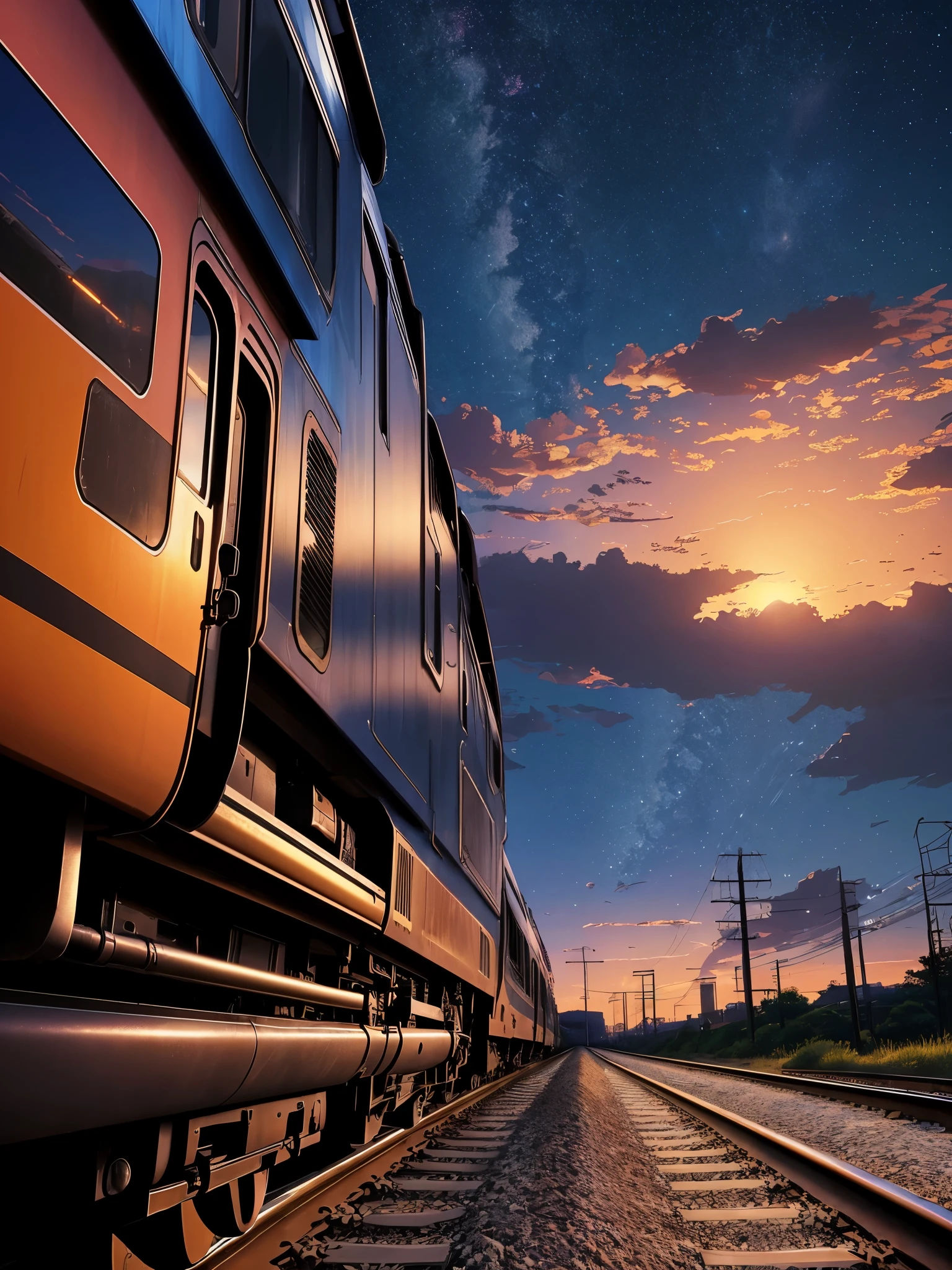 Anime train on the tracks with sunset background, reflection. by makoto shinkai, beautiful anime scene, space sky. by makoto shinkai, 4K high-definition digital art, ( ( makoto shinkai ) ), makoto shinkai cyril rolando, inspired by Makoto Shinkai, Makoto Shinkai&#39;s style,back view of woman