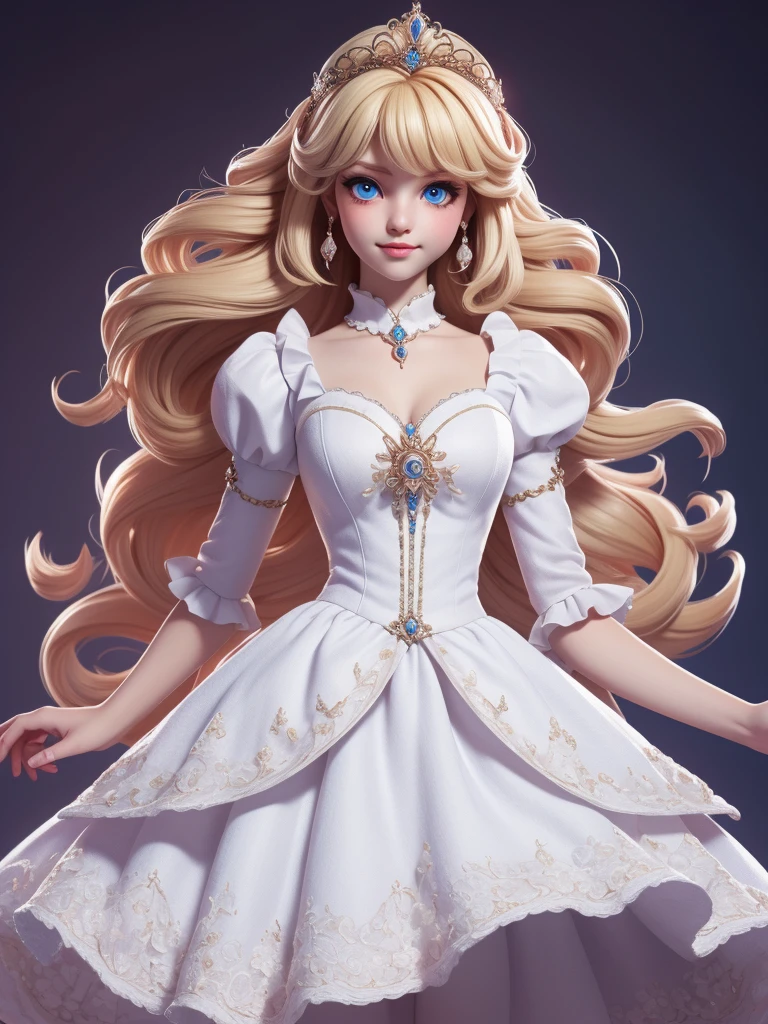 (Best quality,4K,8K,A high resolution,tmasterpiece:1.2),ultra - detailed,Cute Art,adorable digital art,blond hair blue eyes,The eyes are bright,White princess dress,puff sleeves,The stands up