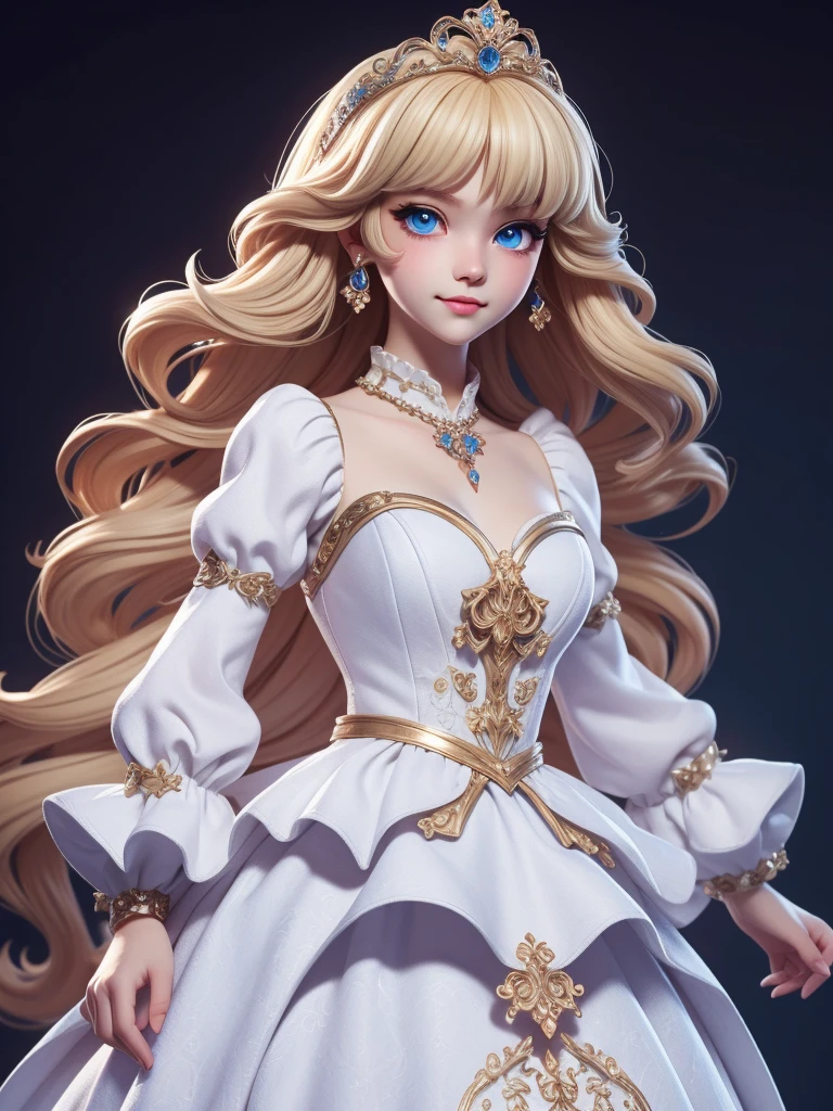 (Best quality,4K,8K,A high resolution,tmasterpiece:1.2),ultra - detailed,Cute Art,adorable digital art,blond hair blue eyes,The eyes are bright,White princess dress,puff sleeves,The stands up