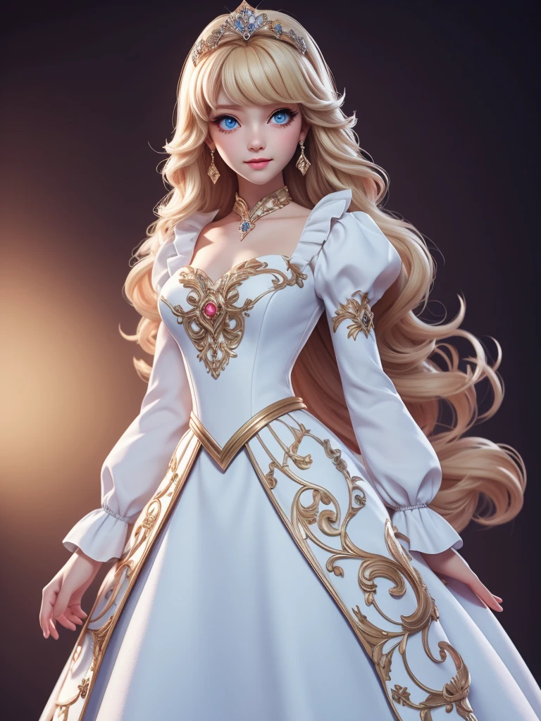 (Best quality,4K,8K,A high resolution,tmasterpiece:1.2),ultra - detailed,Cute Art，adorable digital art，blond hair blue eyes,The eyes are bright,White princess dress，puff sleeves，The stands up