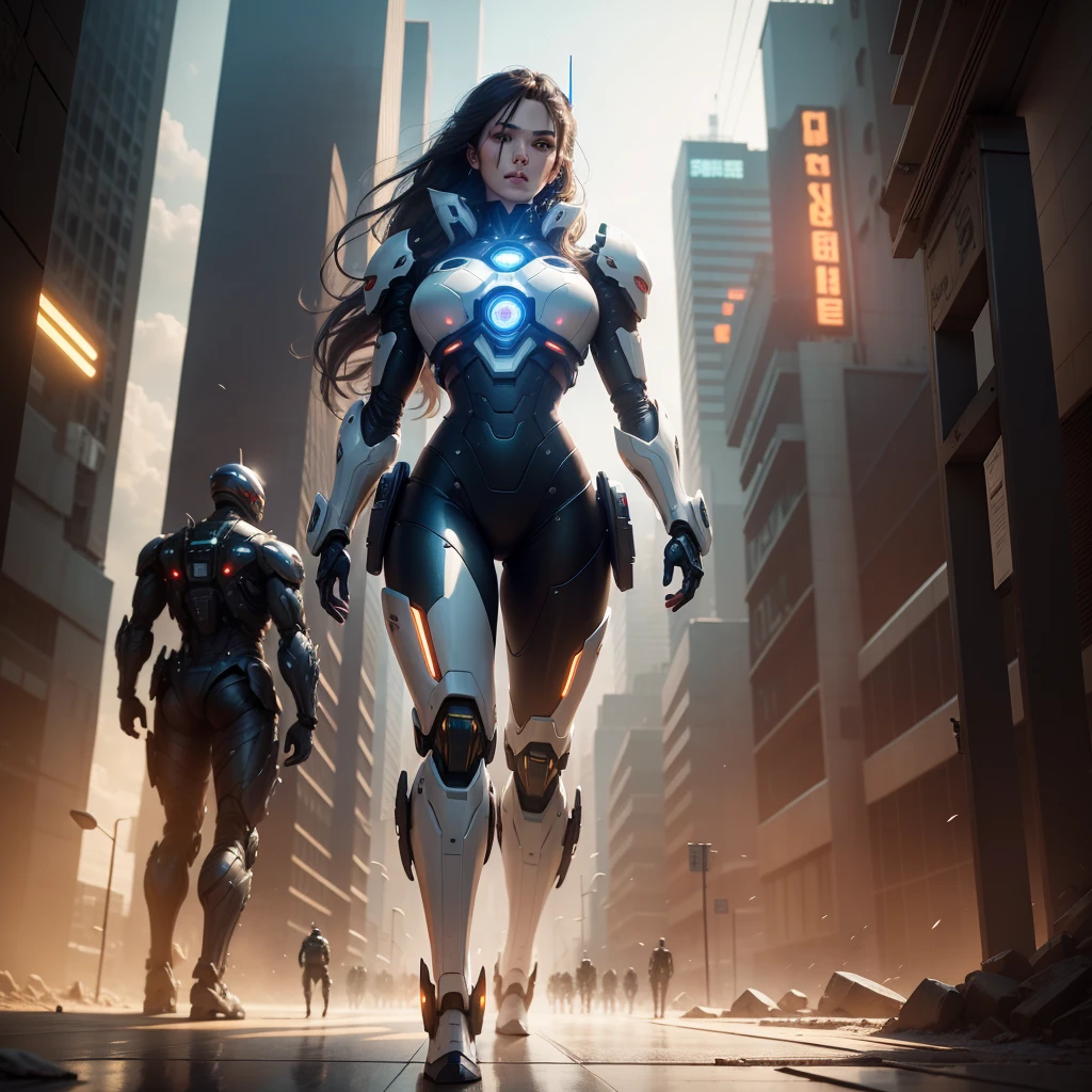 (best quality,4k,8k,highres,masterpiece:1.2), ultra-detailed, (realistic,photorealistic,photo-realistic:1.37), portrait, future, sci-fi, cyberpunk, girl with dark brown long hair and slightly wavy hair, white clothes, a helmet, robot arms attached to the girl's body, robot legs attached to the girl's body, a simple black background, concept art, character concept art, a girl controlling robots, headphones, curvy figure.