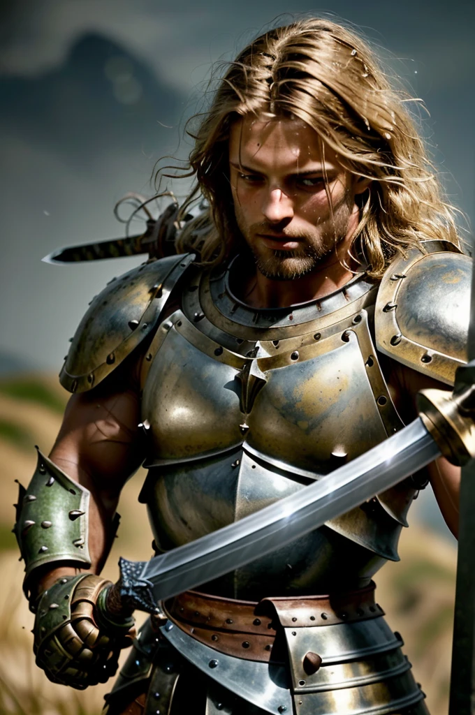 1man muscular athletic medieval knight in realistic historically accurate rusty dusty scratched battered metal armor,  (holding 1sword:1.1), intricate sword handle, elegant , hair in (blowing wind:1.1), sweat, looking at viewer,  intricate details, goosebumps, flawless face,  ((macro lens)),
natural colors, texture, midnight, flames and torches, film grain, dusty atmospheric haze, night dark