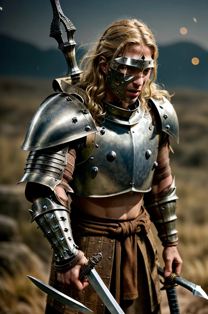 1man muscular athletic medieval knight in realistic historically accurate rusty dusty scratched battered metal armor, (holding 1sword:1.1), intricate sword handle, elegant , hair in (blowing wind:1.1), sweat, looking at viewer, intricate details, goosebumps, flawless face, ((macro lens)),
natural colors, texture, midnight, flames and torches, film grain, dusty atmospheric haze, night dark