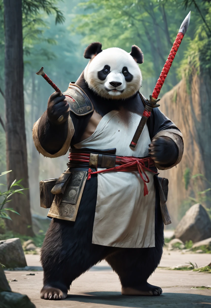 even,Panda,No human,Animal,Ditu,Totem,looking at viewer,take a weapon in one hand,holding weapon,standing, full body,solo,MG xiongmao