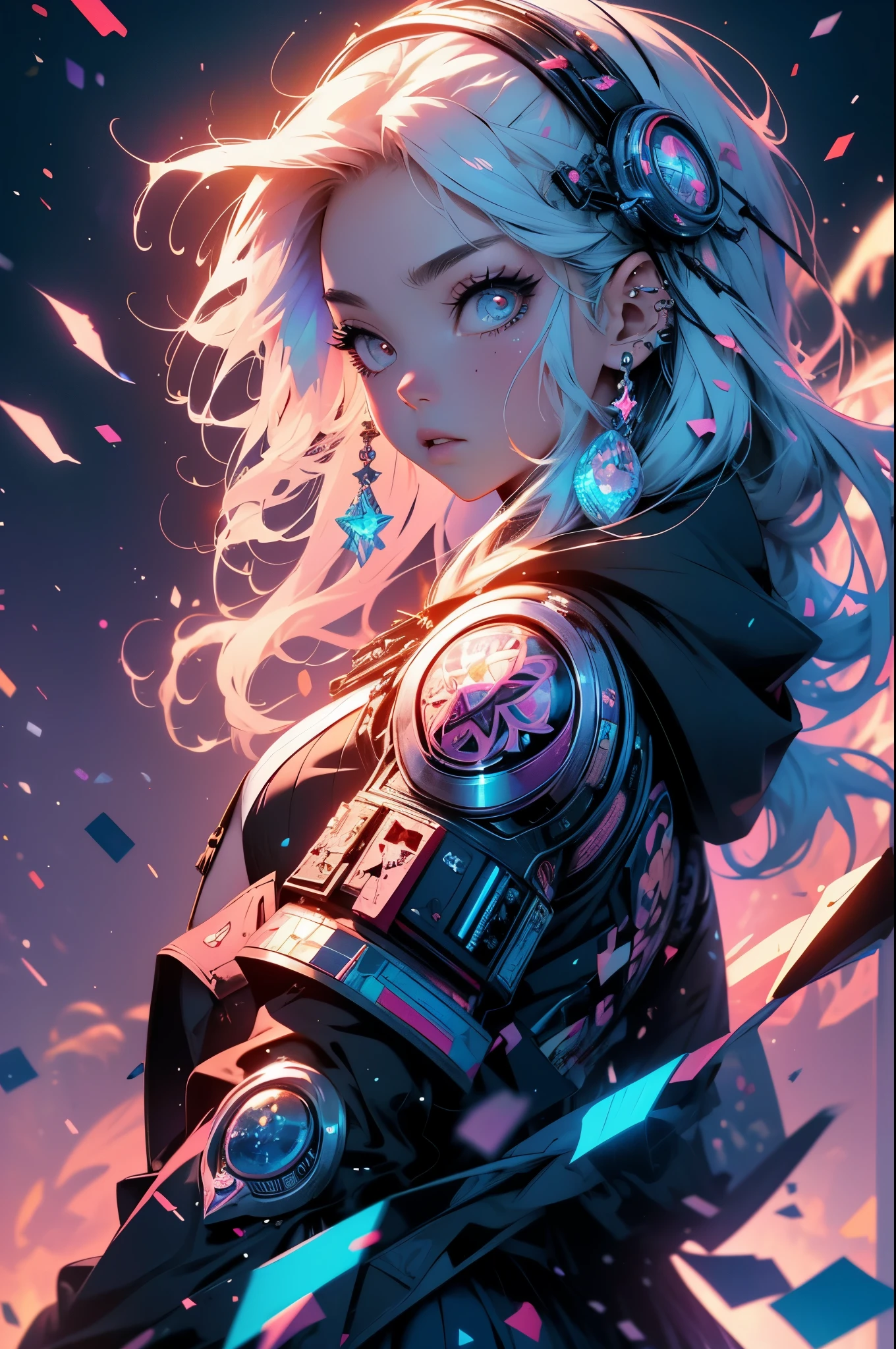 (masterpiece, top quality, best quality, official art, beautiful, cosmic, atmospheric, psychedelic, dreamlike and aesthetic, the most beautiful and highly detailed Harajuku-inspired hooded cyberpunk battle armor, super huge enormously gigantic tits, tons of tattoos and piercings:1.2), (1girl), extreme detailed,(fractal art:1.3),colorful,highest detailed, cherry blossoms blowing in the wind 