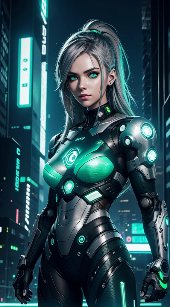 cyborg girl, robot hand, green eyes, cyberpunk city background, neon light, grey hair, masterpiece, ultra high details
