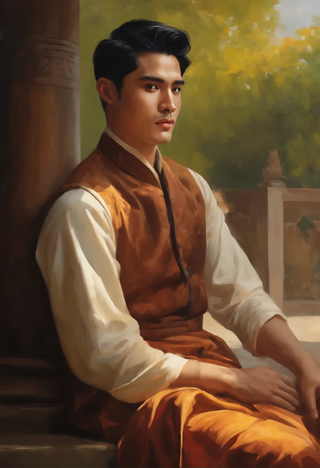 Masterpiece, high-quality, male, , black haired and black eyed man, one oil painting, Q version, sunshine, burmese's clothing, from the terrace