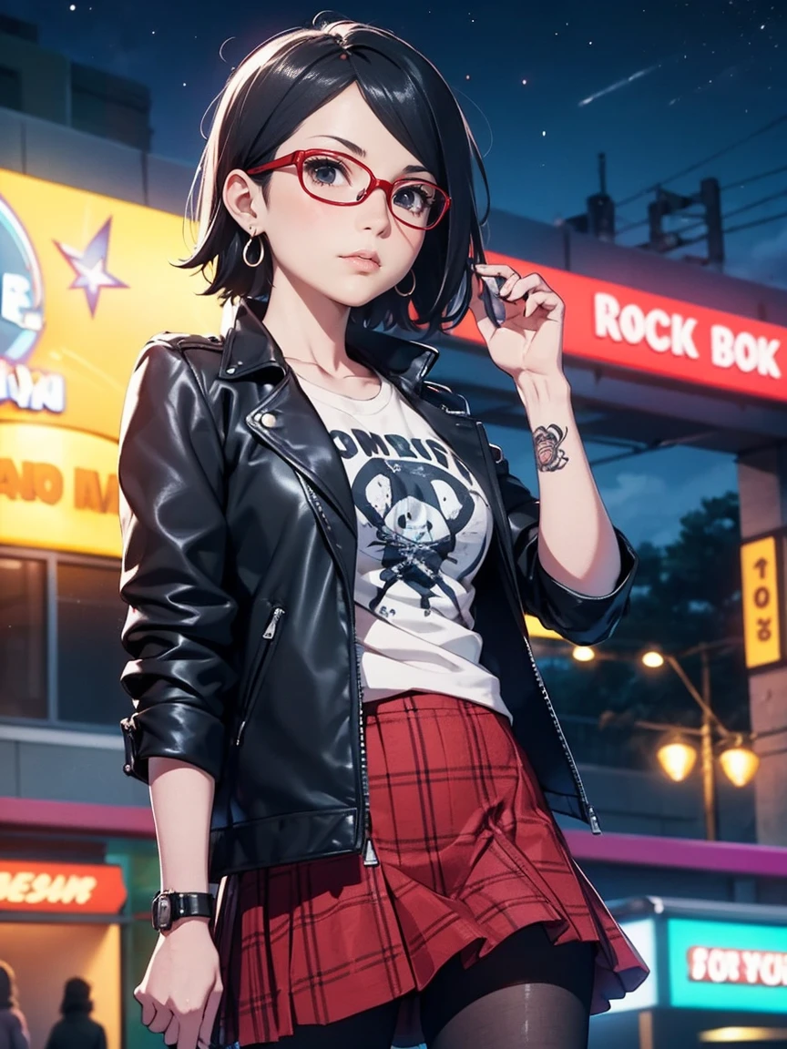 Sarada Uchiha with short hair, black eyes, wearing red glasses, she is wearing earrings and strings. She is dressed like a punk rocker. ( She is wearing a white t-shirt with a rock band print, a plaid skirt and a leather jacket with tattoos, pantyhose ), ( and is riding in a brightly lit amusement park on a starry night ), ((( parading, standing )))