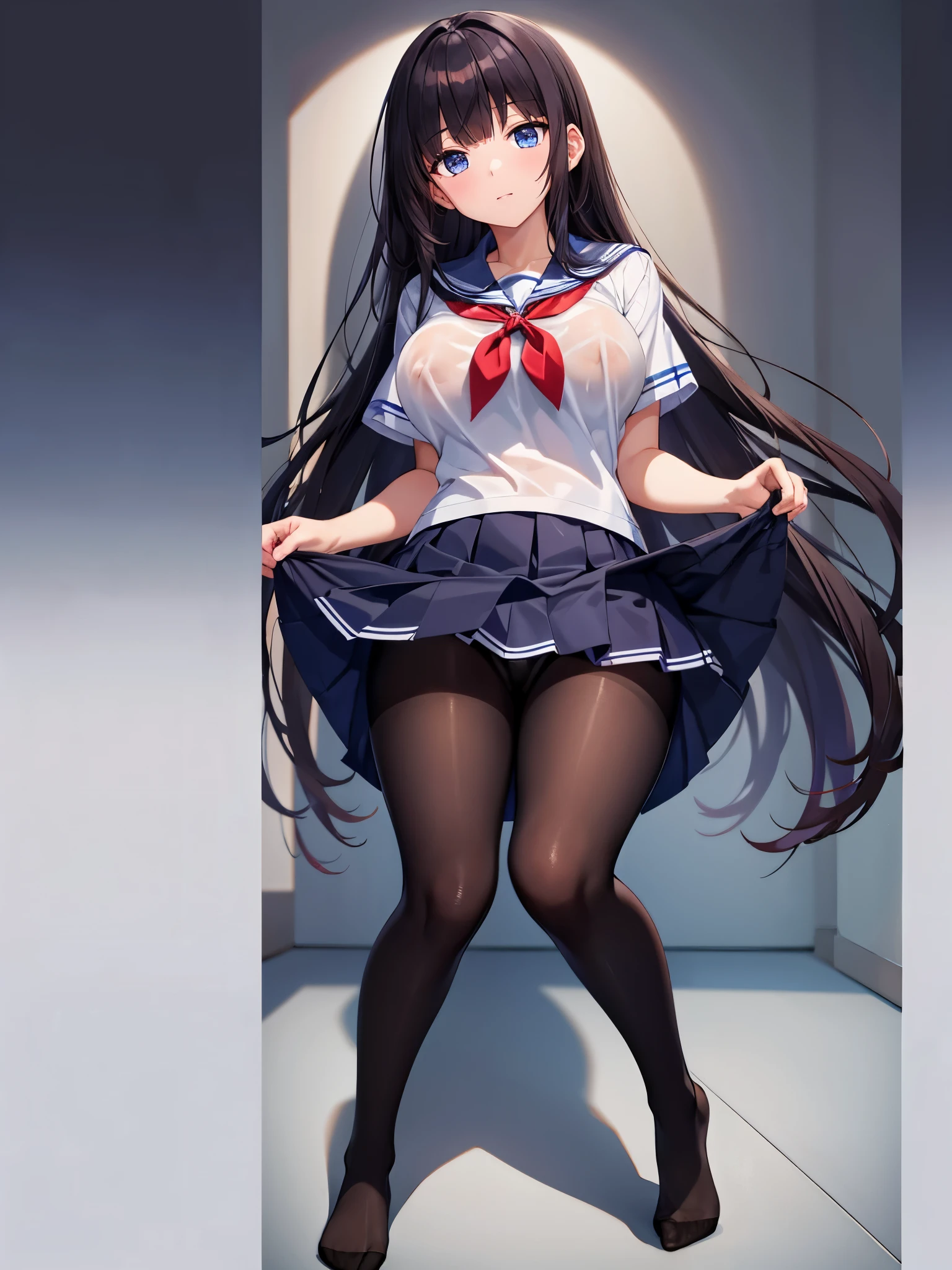 (1 girl),(high quality), (High resolution), (extremely detailed), (8K),(focus on lower body),(CG),high school girl、18-year-old girlfriend、girls high school uniform、navy pleated skirt、panties、(black pantyhose:1.2),(erect nipple shape),No shoes、(neutral white lighting),Transparent clothing