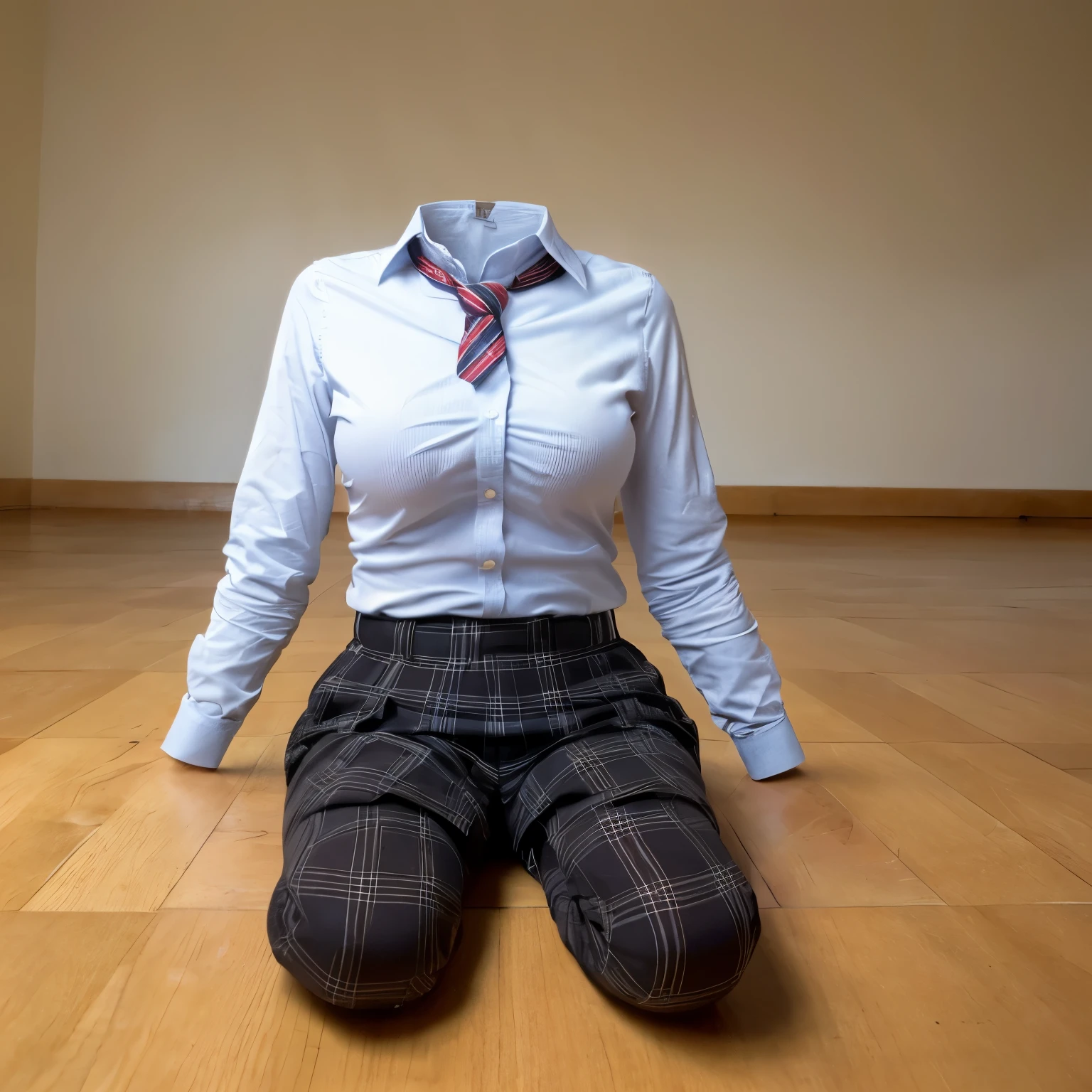 school uniform, stripe tie, plaid school pants, (on floor), (invisible, no humans, headless, faceless:1.5), cute big breasts