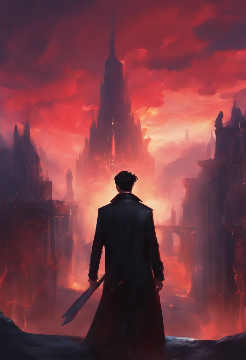 male,Black trench coat,short black hair,dark red eyes,hands crossed,Stand on a tall building,Behind him stands a soul armed to the teeth