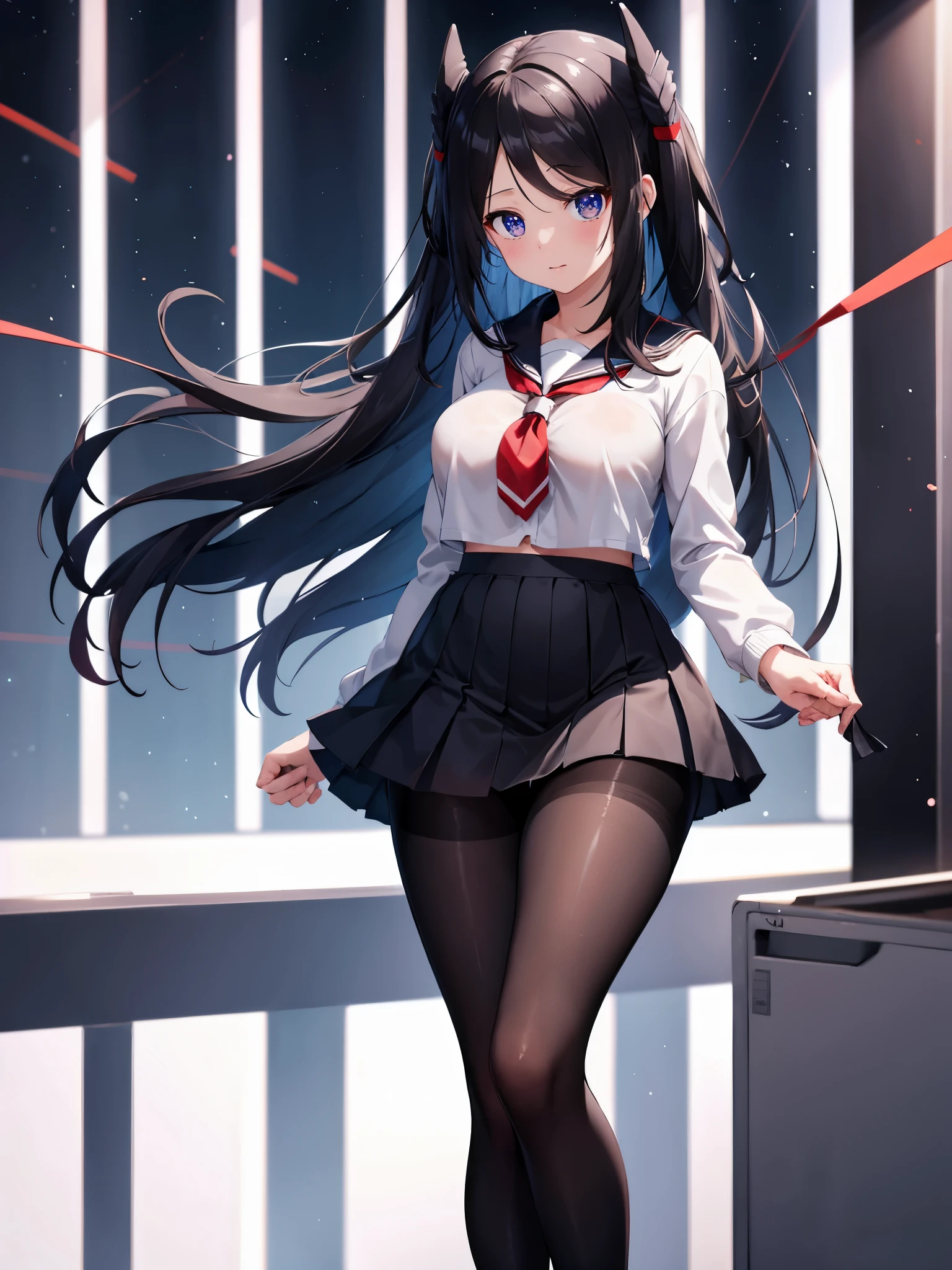 (1 girl),(high quality), (High resolution), (extremely detailed), (8K),(focus on lower body),(CG),high school girl、18-year-old girlfriend、girls high school uniform、navy pleated skirt、panties、(black pantyhose:1.2),(erect nipple shape),No shoes、(neutral white lighting),Transparent clothing