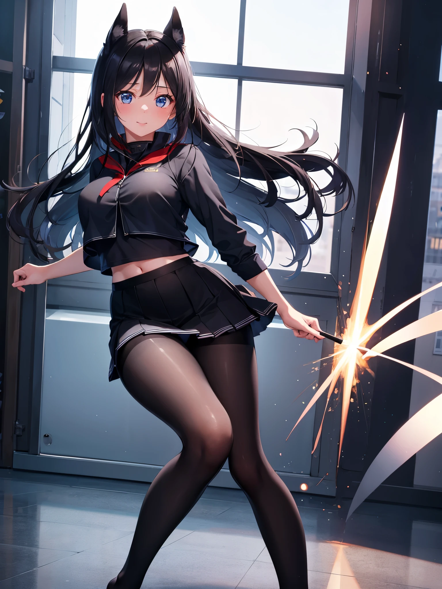 (1 girl),(high quality), (High resolution), (extremely detailed), (8K),(focus on lower body),(CG),high school girl、18-year-old girlfriend、girls high school uniform、navy pleated skirt、panties、(black pantyhose:1.2),(erect nipple shape),No shoes、(neutral white lighting),Transparent clothing