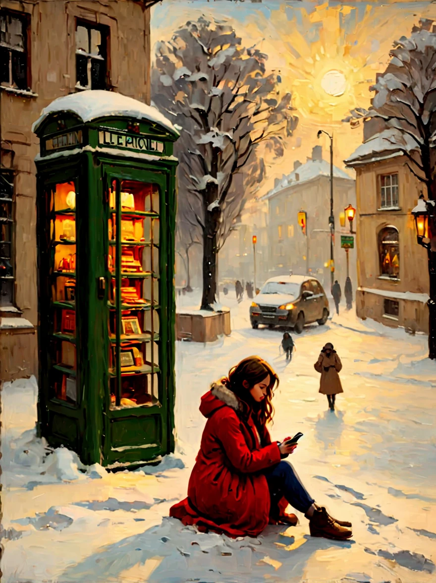 Midwinter，heavy snowfall，Everything is covered in snow and ice。street corner，A phone booth，((A beautiful girl squatting on the ground，Jumpy，Waiting anxiously alone))，This scene captures the cold white blanket of snow combined with the warmth emanating from the phone booth、The contrast between the rays of hope，(Highlighting the girl&#39;s loneliness and waiting in this quiet and somber winter landscape)，(medium shot:1.5), (8k)，Pierre Bonnard Style - Pierre Bonnard, Scene painting, Oil painting in the style of Pierre Bonnard