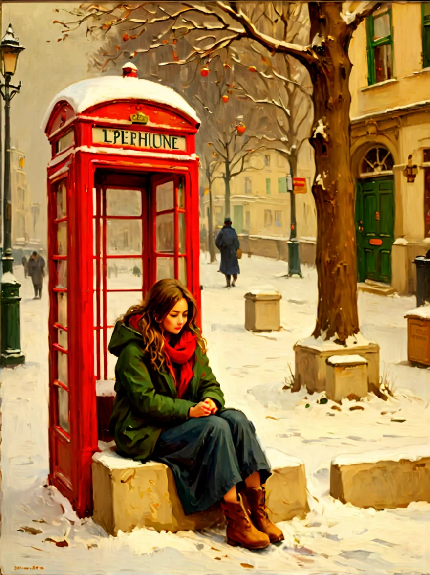 Midwinter，heavy snowfall，Everything is covered in snow and ice。street corner，A phone booth，((A beautiful girl squatting on the ground，Jumpy，Waiting anxiously alone))，This scene captures the cold white blanket of snow combined with the warmth emanating from the phone booth、The contrast between the rays of hope，(Highlighting the girl&#39;s loneliness and waiting in this quiet and somber winter landscape)，(medium shot:1.5), (8k)，Pierre Bonnard Style - Pierre Bonnard, Scene painting, Oil painting in the style of Pierre Bonnard