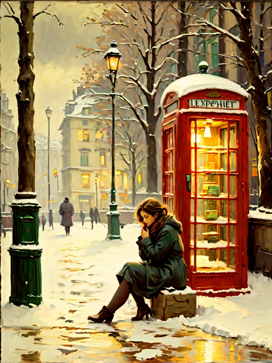 Midwinter，heavy snowfall，Everything is covered in snow and ice。street corner，A phone booth，((A beautiful girl squatting on the ground，Jumpy，Waiting anxiously alone))，This scene captures the cold white blanket of snow combined with the warmth emanating from the phone booth、The contrast between the rays of hope，(Highlighting the girl&#39;s loneliness and waiting in this quiet and somber winter landscape)，(medium shot:1.5), (8k)，Pierre Bonnard Style - Pierre Bonnard, Scene painting, Oil painting in the style of Pierre Bonnard