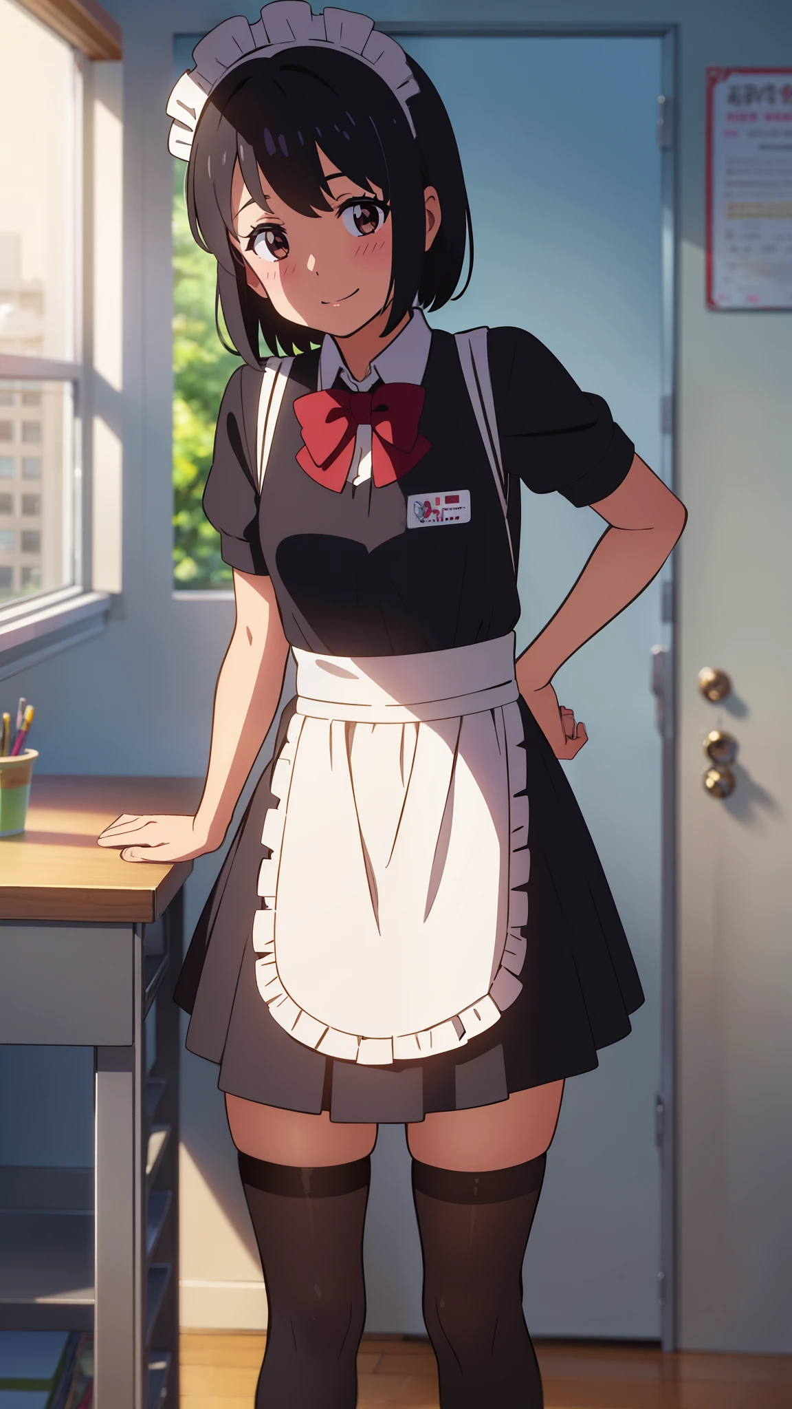 shinkai makoto, kimi no na wa., 1girl, bangs, black hair, blush, brown eyes, shiny skin, red ribbon, red bow, (maid uniform), headdress, dress, shirt, pinafore, skirt, mini skirt, hair decoration, looking at the viewer, short hair, cute, smile, solo, short sleeves, indoors, (school, office, room)