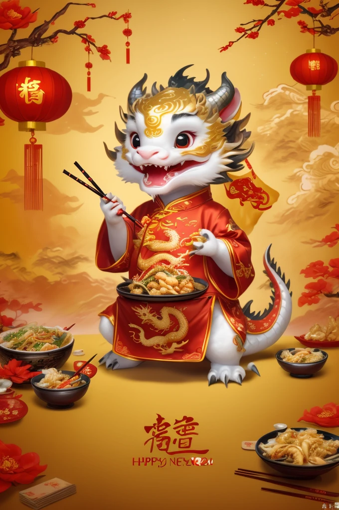 postcard, Chinese New Year 2024, dragon cub, dress, eating Chinese food, strong festive atmosphere, Chinese elements, (best quality, masterpiece, Representative work, official art, Professional, 8k)