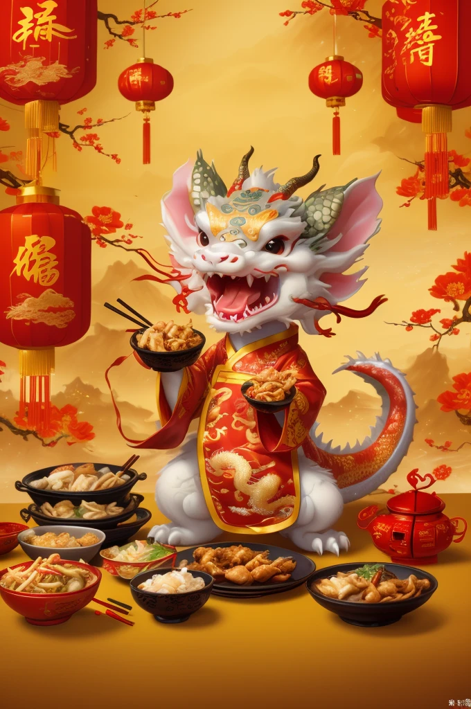 postcard, Chinese New Year 2024, dragon cub, dress, eating Chinese food, strong festive atmosphere, Chinese elements, (best quality, masterpiece, Representative work, official art, Professional, 8k)