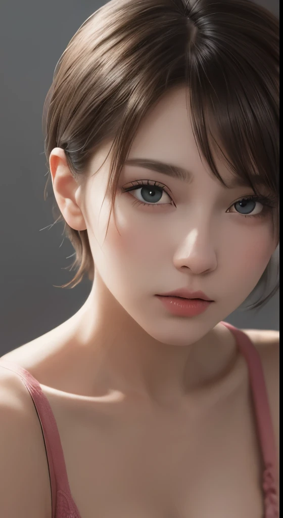 8K uhd、RAWphotograph、モデルphotograph撮影、 European race、(masterpiece、highest quality、Photorealistic、High resolution、photograph:1.3)、Close-up、Focusing、Hot Model、slim、30 year old mature woman、Small face、No makeup、Short Hair、Dark Brown Hair、Fine beautiful eyes、Real Skin、(perfect body)、Sexy hot face、Erotic、Sexual gaze、Detailed beautiful eyes、Glossy lips、Small breasts、Small breasts、Bust B cup、Realistic details、Cool beauty、Cool pose、Background gray、Plain grey background