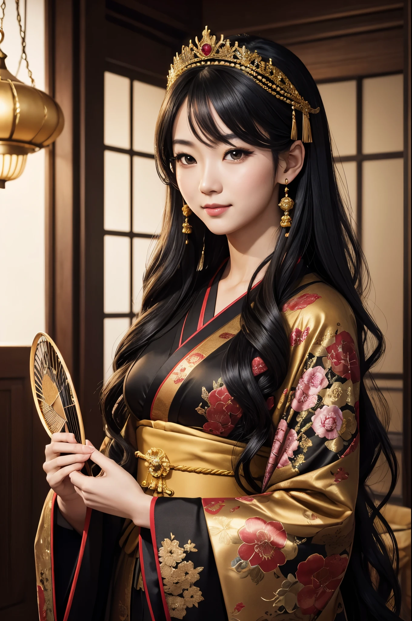 (8K,Photoreal born写真 highest quality;1.4) 1 mature female,Super beautiful(lifelike face) ,(long black hair),清楚なQueen,Gorgeous black and gold Japanese women's traditional costume,seduce the viewer,beautiful expression,moist black eyes,Queenのメイクアップ,(Queen),Charm,small breasts,Golden decoration,筋肉質の細い身体のマッチョなQueen,Gorgeous hair ornaments,hold a fan,kimono,Black and gold kimono,small breasts,red eyeshadow,Super high resolution,surreal,high details,rich colors, Backlight, cinematic lighting, film grain, born, 50mm lens, Nikon D850,smile,Super realistic,highest qualityのフォトリアリスティックなRAW写真。Bright colors,perfect woman image,fantasy art,character art,background,A room in a big mansion,