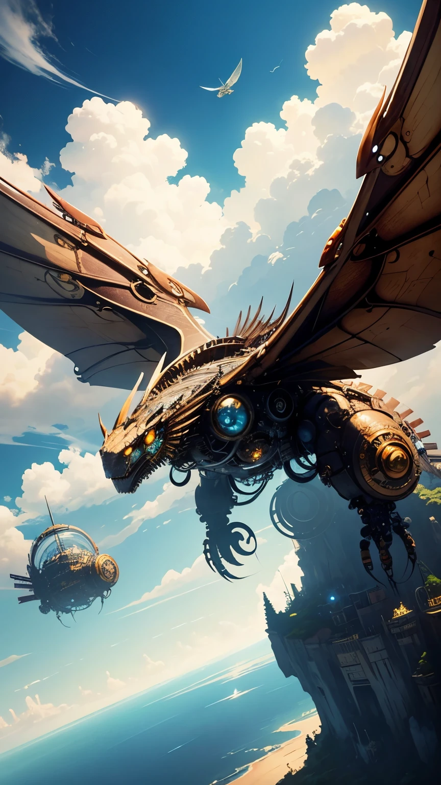 steampunkai。A giant mechanical dragon、Fly between floating islands floating in the sky。aerial perspective。The background is blue sky and white clouds。