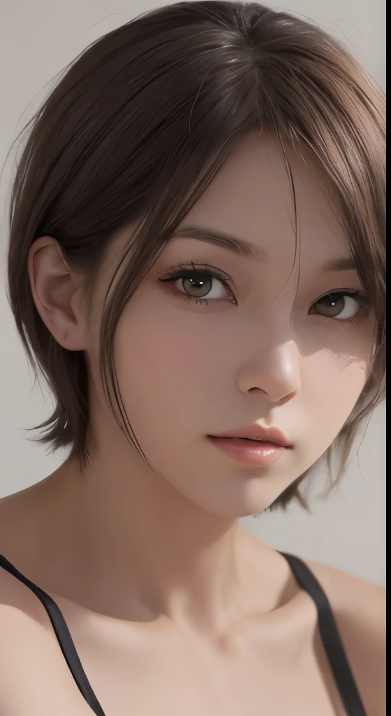 (masutepiece、highest quality、photorealistic、High resolution、photograph、:1.3)、Very close-up shot、sharp focus、30 year old mature woman、small face、no makeup、A well-formed and beautiful face、short hair、dark brown hair、Detailed beautiful eyes、Bust B Cup、exposed cleavage、、cool pose、gray background、