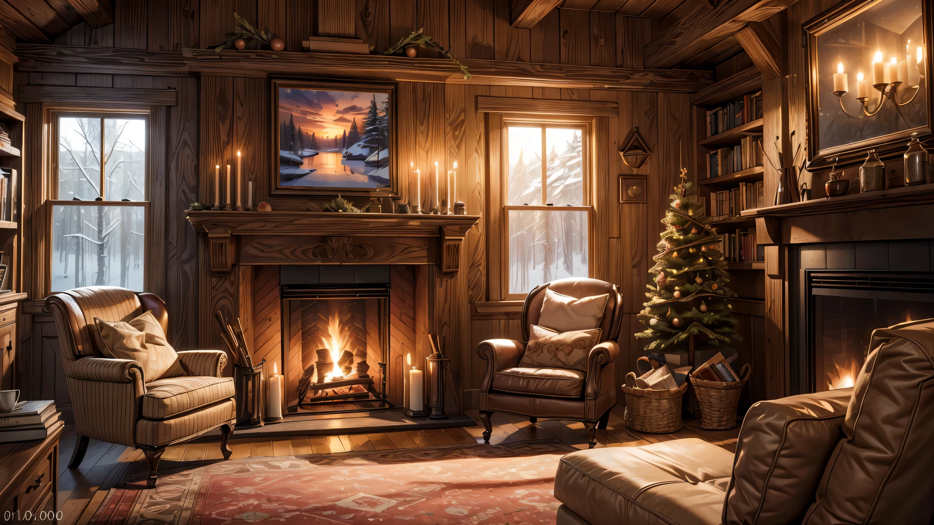 (Best quality,4K,8K,A high resolution,Masterpiece:1.2),Ultra-detailed,(Realistic,Photorealistic,photo-realistic:1.37), winter, big window, cabin woods, fireplace, bookcase, candles, coffee cup, cozy place, warm