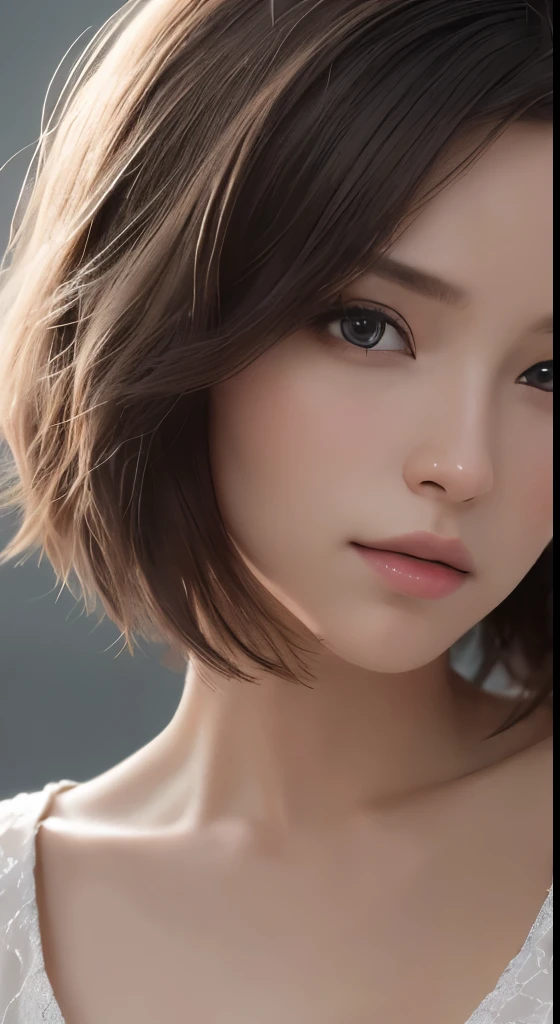 (masutepiece、highest quality、photorealistic、High resolution、photograph、:1.3)、Very close-up shot、sharp focus、30 year old mature woman、small face、no makeup、A well-formed and beautiful face、short hair、dark brown hair、Detailed beautiful eyes、Bust B Cup、、cool pose、Feeling sexy、gray background、