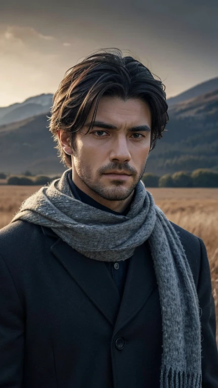 8k, best quality, masterpiece, realistic, ultra detail, photo realistic, Increase quality,
a photo of a boystanding in a field with a scarf, in the style of dark and brooding designer, voluminous mass, photobash, serene faces, jagged edges, navy, natural beauty, close-up shot