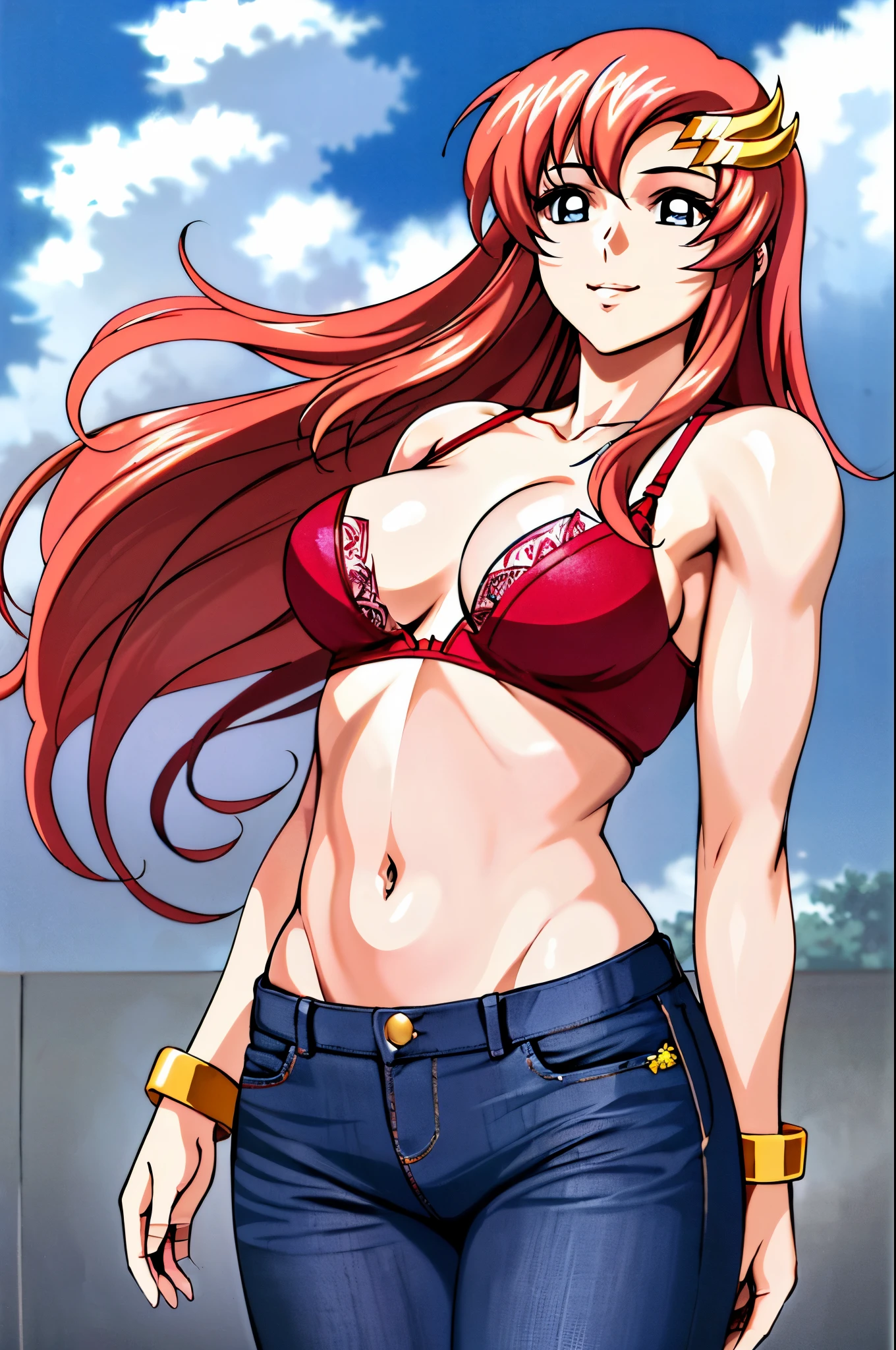 lacus4, (jeans), (red micro bra only, micro bra), (masterpiece, folded arms covering breasts, very slim shoulders, 4K, Best Quality, Anime style: 1.9, happy, Adult Woman, (ultra detailed head), (cloud background), Drawing lines, high resolution, lacus4), 1girl, Solo, curvy figure, Long hair, 鎖骨, scapular, (Detailed wide hair bangs, Hair Ornament, Detailed reddish-pink hair, shiny streaks, slim arms, detailed golden crest), cleavage, large hands, (hair cover shoulders). (Big blue eyes, shiny eyes), ((female wrestler, (slim body), little biceps, slim arms, closed fists, thighs)), ((perfect proportions, medium breasts, long belly)), ((totally red bra, neck band, bracelets))), smile, (standing, hot colors), detailed fingers, (bare shoulders)
