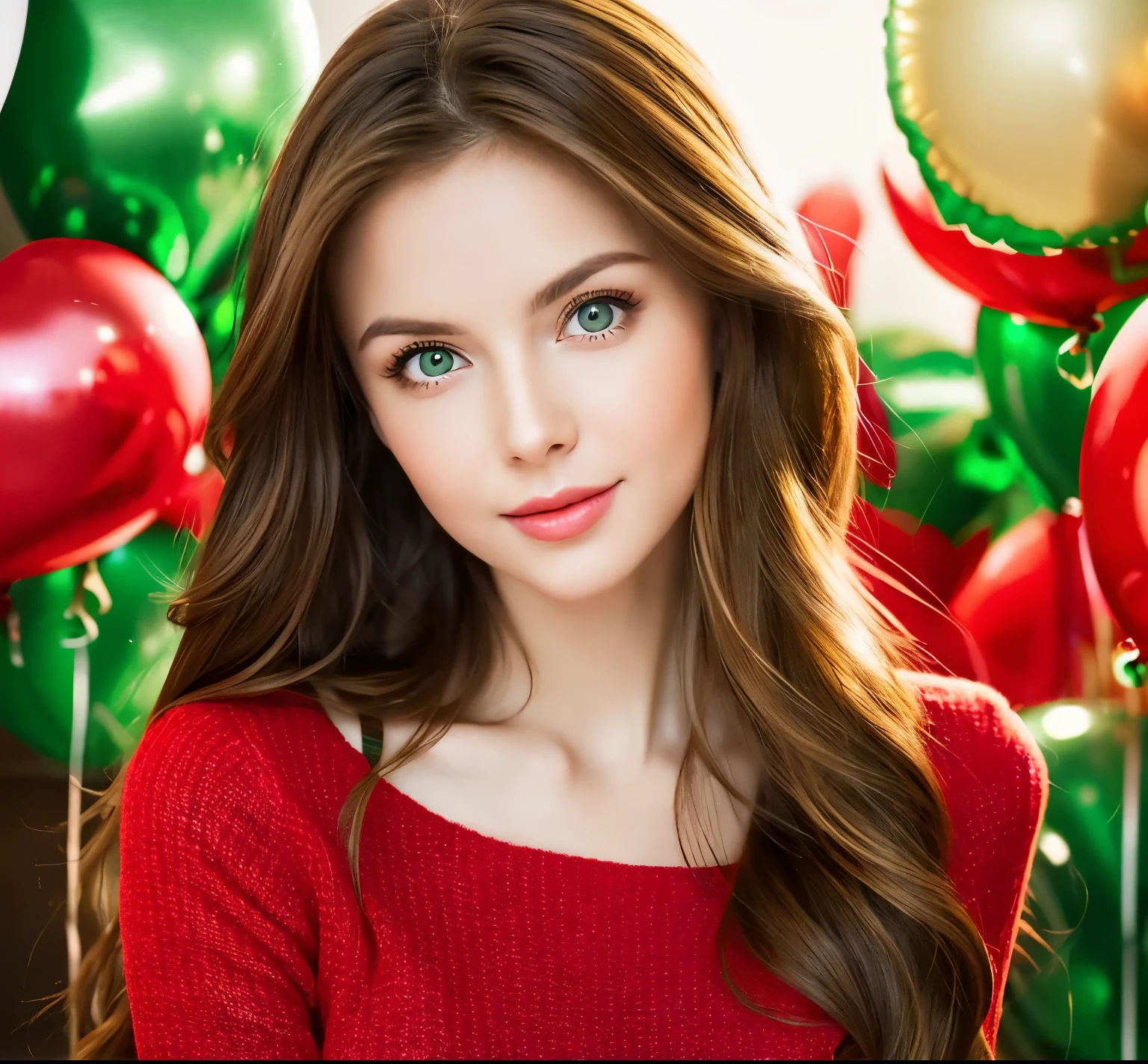 An over-detailed photo of a woman with long light brown hair, green eyes, beautiful Russian, fair skin, health and beauty, soft and gentle look, plump lips,standing in a red sweater, waist-length photo, red balloons in the background, 32k resolution, best quality, (high saturation: 1.1), sharp, holiday, valentine's day, love
