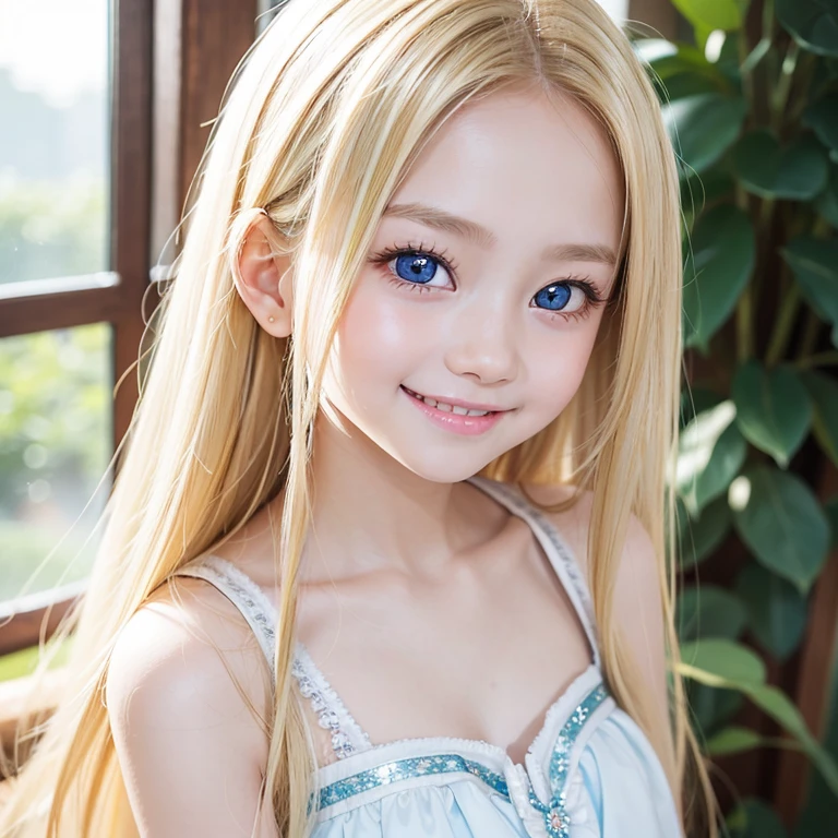 one very beautiful cute young girl、10 years old、((very happy smile ))、Embarrassed blush、Beautiful very long shiny blonde straight hair with golden shine、Shiny and very beautiful pure white skin、Very beautiful and cute pale blue detailed eyes、shiny skin、Beautiful cute bright look、Clear double eyelids、beautiful cute big eyes、A perfectly balanced face