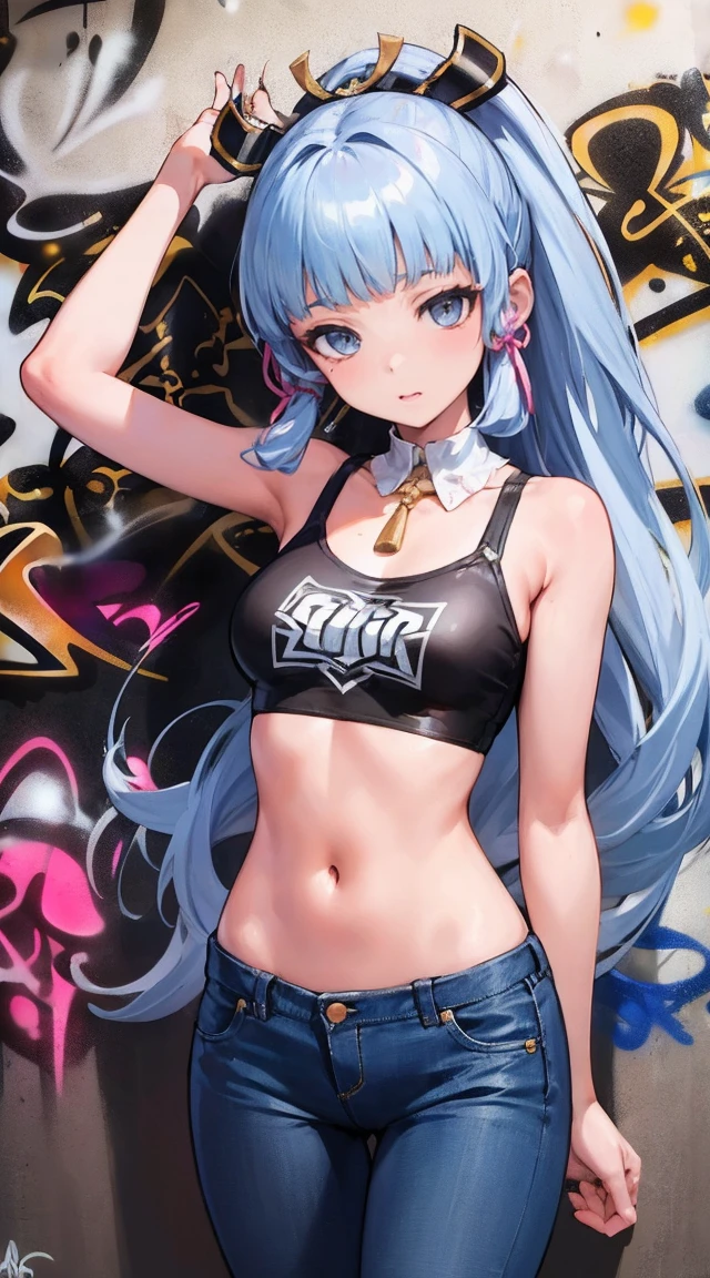 Ayaka Kamisato|Genshin Impact, masterpiece, best quality, 1 girl,25 years old, Proportional body, Lengthen the legs, beautiful, Proportional., crop top, long jeans, medium breasts, ,only, crop top, collar, (Graffiti:1.5), Splash with purple lightning pattern., arms behind back, against the wall, View viewers from the front., thigh strap, head tilt, boring,(national technology development bureau.:1.2), (10, best quality, masterpiece: 1.4), beautiful red hair, ultra high resolution, (lifelike, lifelike的肖像: 1.48), 20 years old, cute girl, (View through crop top.), Famous actor of the Japan, beautiful and clear eyes, head tilt, cowboy shooting, from the front, looking at the audience, Poker face, beautiful lake, Zeiss 150mm f/ 2.8 Hasselblad, whole body, foot, super wide angle,
