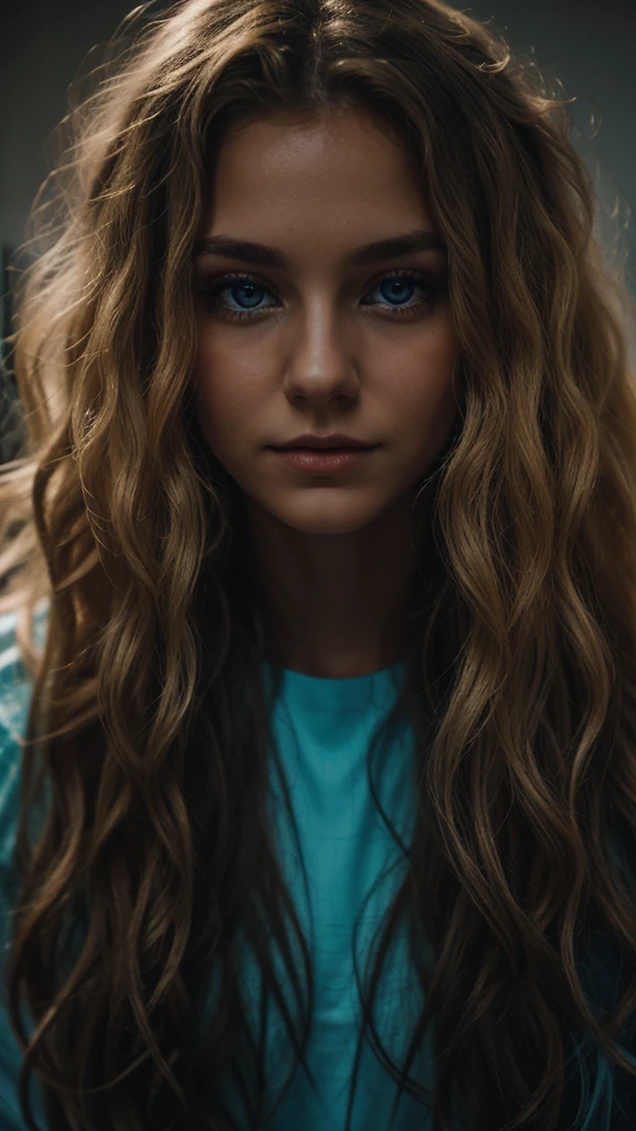 an eye contact of a blondy with long curly hair and dark theme. in light blue