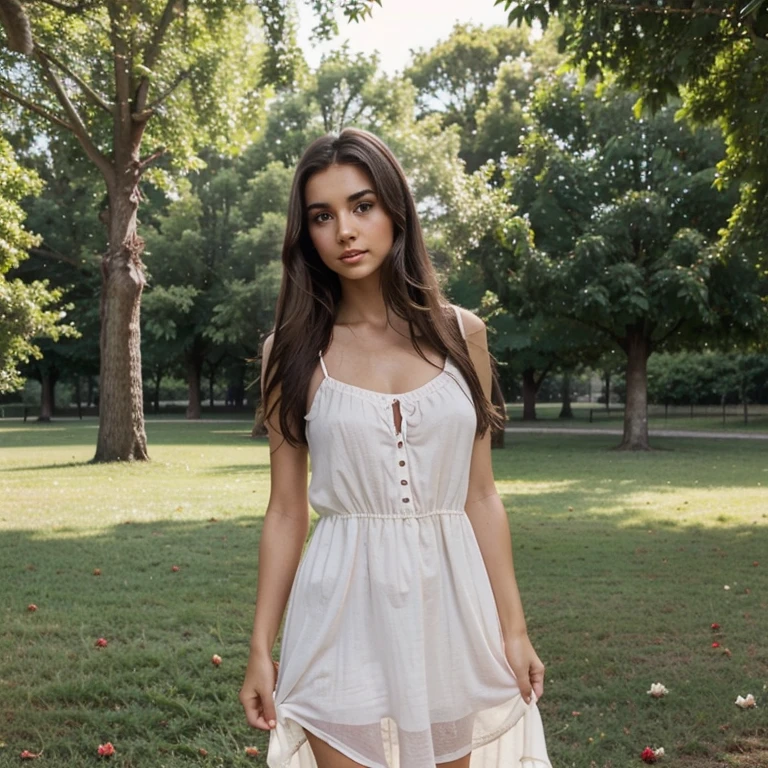 beautiful, innocent girl with medium long dark brown hair, dark brown eyes, olive skin, skinny body with a good butt and medium breasts hanging out in a park wearing a long white flowy rose red dress, little bit of makeup