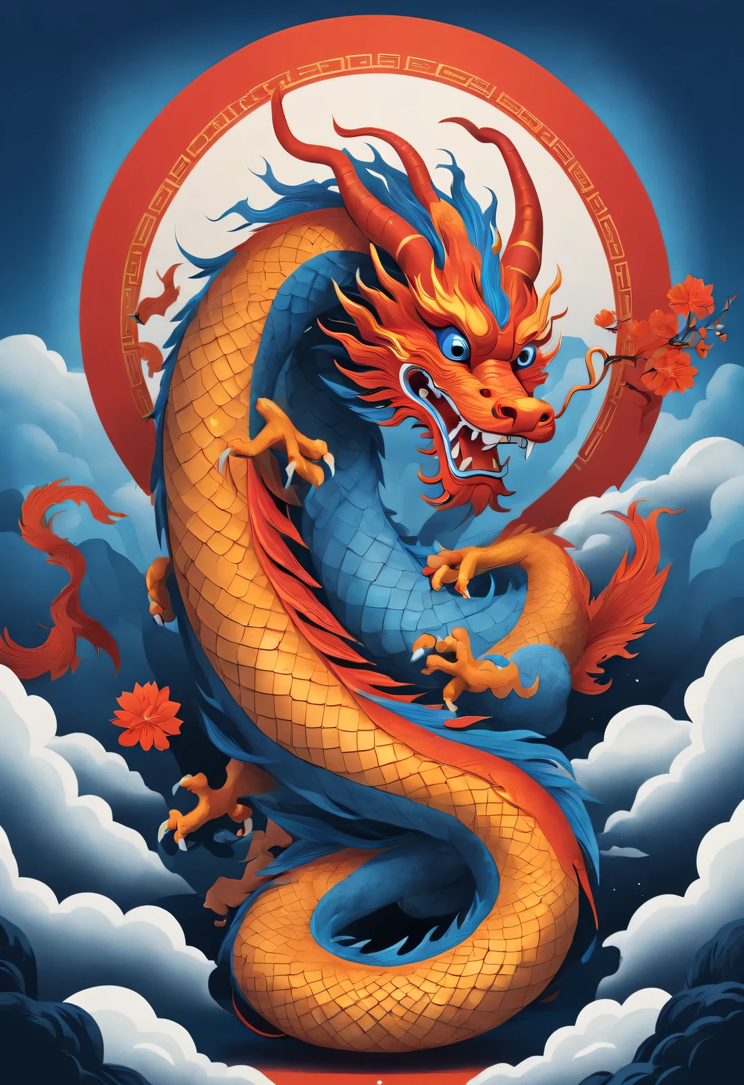 Chinese New Year Poster, Featuring the image of a Chinese dragon, Adopt Chinese illustration style, Immersive environments, blue and red, Orange-red, conceptual installation, calm and symmetrical,