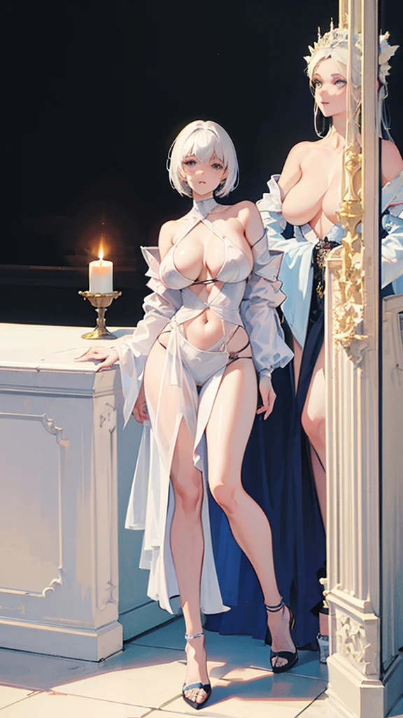 a woman,Royal sister,model figure,huge breasts,Open shirt,sin pantalon,Leaking out of the thighs,High heel,thin waist,white short hair,Standing posture,full body display,Look ahead,Straighten your body,Full body
