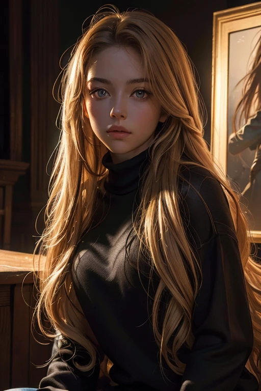 Best quality, masterpiece, ultra high res, (photorealistic:1.4), raw photo, 1girl, long hair, gold hair, detailed eyes and face, black sweater, dynamic lighting, in the dark, deep shadow, low key, cowboy shot