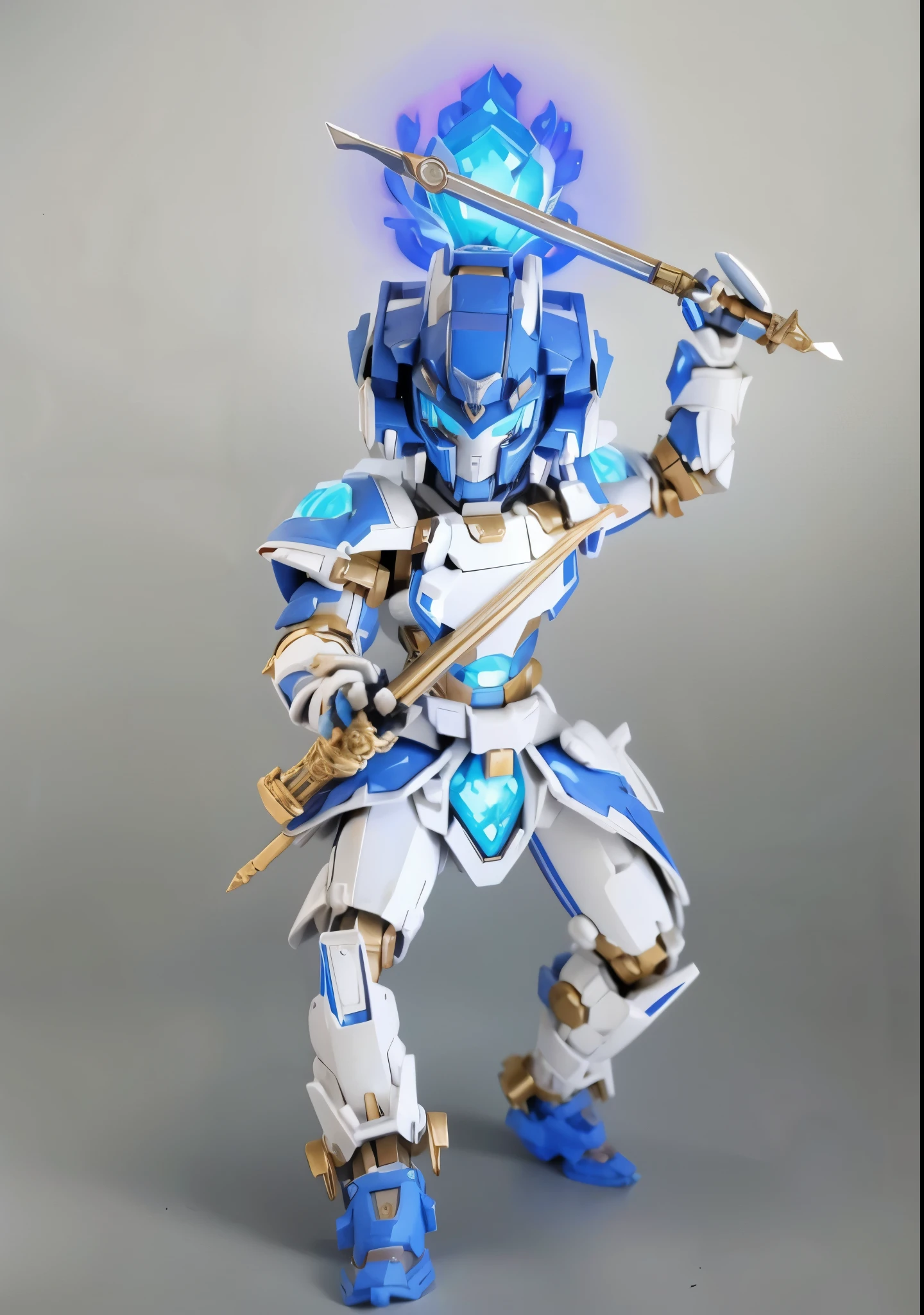 3d style,Brooke Infinite Heroes,(Mecha warrior building block toy man),White and blue ancient costume mecha armor,Diamond armor,blue flames above head,Mechanical helmets,Puppet joints,raise your hands,Holding a cold weapon,Wearing a no-passage sticker,whole body,open attack stance,Chinese ancient style,Mecha elements,Chinese mythological figures,Door God