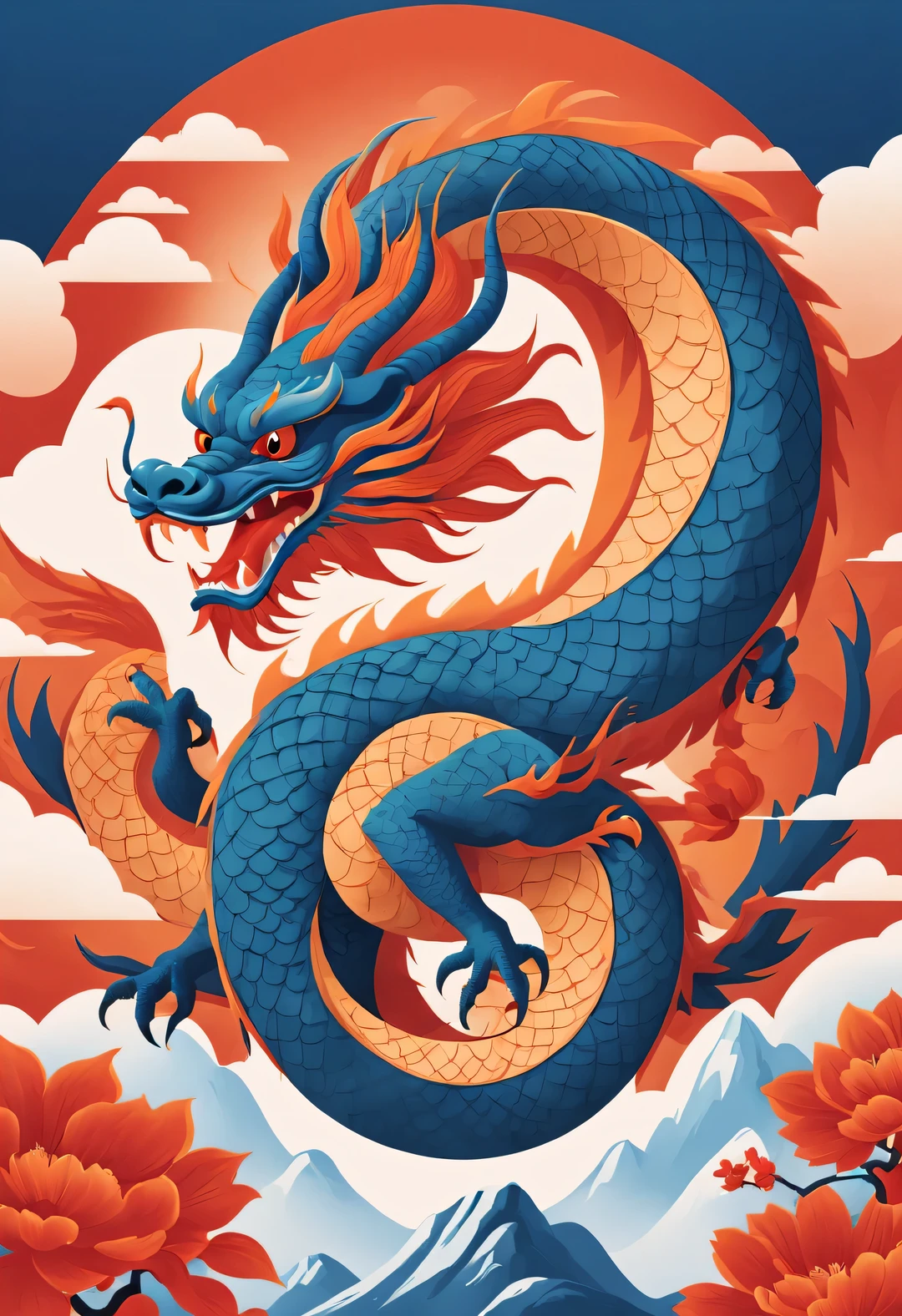 Chinese New Year Poster, minimalist style, Featuring the image of a Chinese dragon, Adopt Chinese illustration style, Immersive environments, blue and red, Orange-red, conceptual installation, calm and symmetrical,